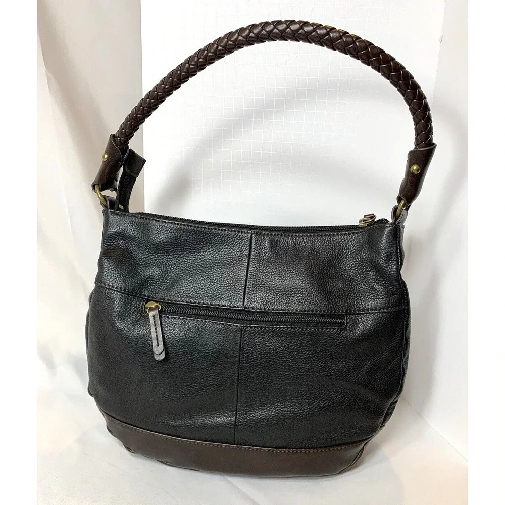 Tignanello Handbag Black Leather Hobo Shoulder‎ Purse Brown Trim Western Braided